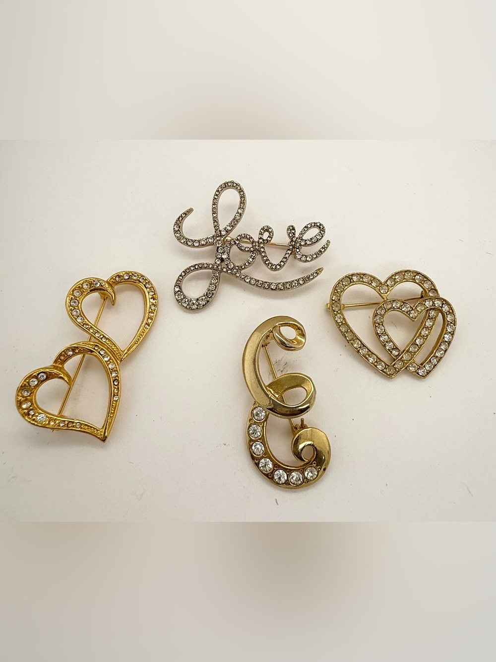 Rhinestone Crystal 'Love' Heart Script Brooch lot Gold Tone Scarf Pin